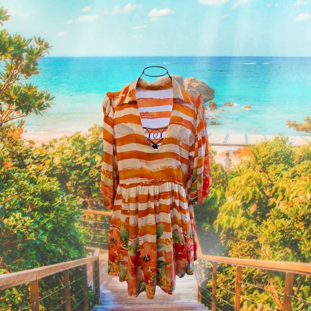 Women’s Orange Striped Floral Tunic Top EUC